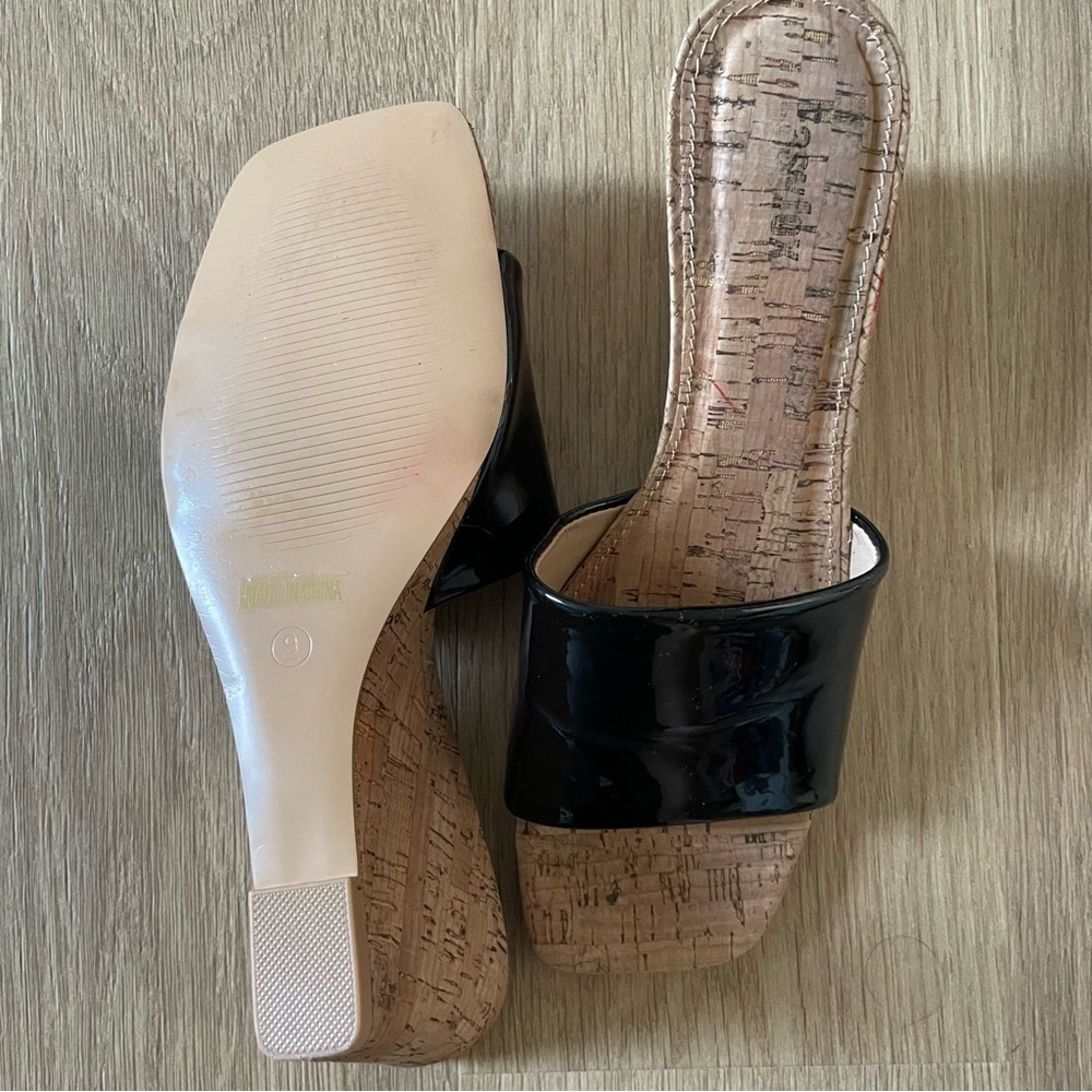 EasyFox woman’s Black patent Sandals size 9 wedge spring summer casual chic